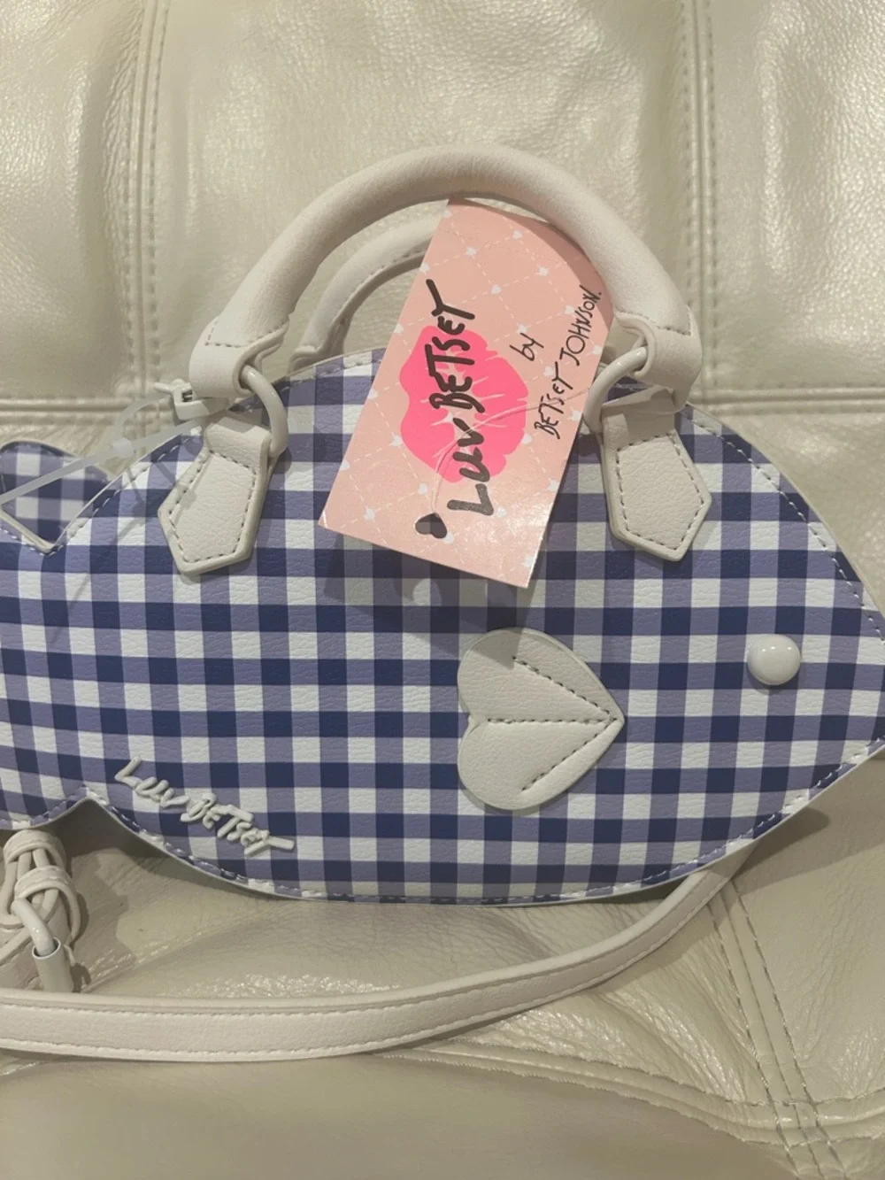 Betsey Johnson Blue Gingham Fish Crossbody with Cream Trim NWT - Picture 2 of 5